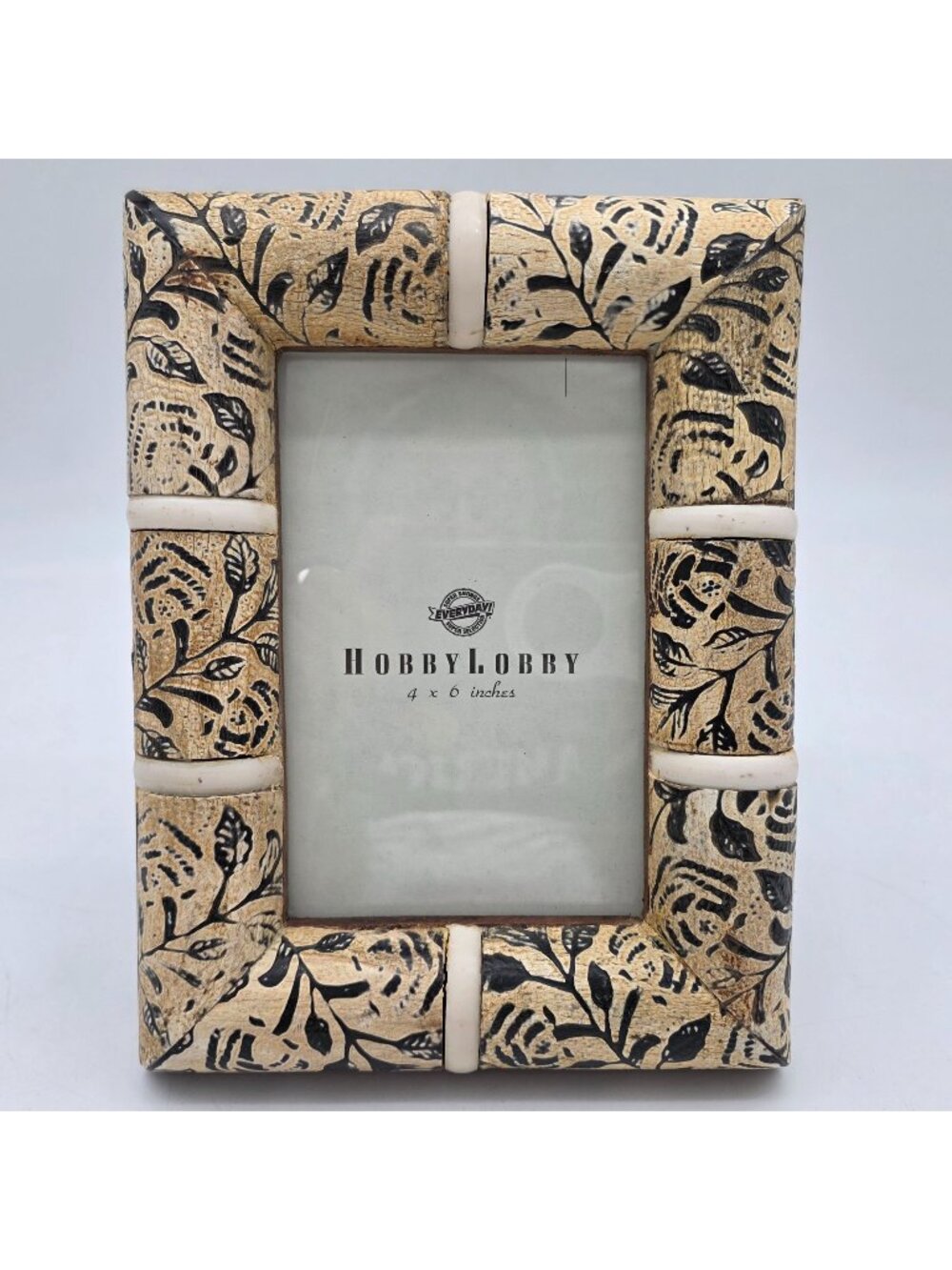4x6 Picture Frame Floral Design Beige & Black Distressed Finish Tabletop